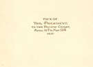 A trip itinerary for the President during his tour of the Pacific Coast; has specific departure and arrival times for the days between Tuesday, April 14th, 1891 to May 18th, 1891; also contains the distance between stations and population of those areas; the back cover contains a fold-out map of the United States with trip route; writing on the front cover is in gold with the US seal in gold at the top; all writing inside is in black ink except for the print of different dates which are in red ink; bound together by a piece of white twine; top, right-hand corner dirty; several dirt spots on back side. On front cover: 