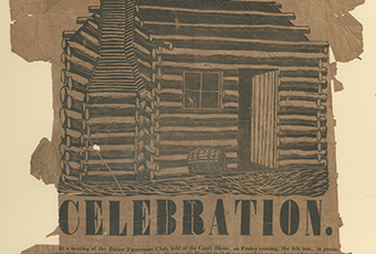 Brown paper very worn left and right sides torn with heavy loss in center sections. Image of log cabin at top with jug of hard cider. Under cabin image 