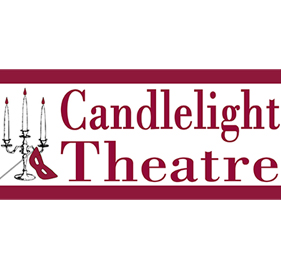 Candleight Theatre logo with red bars at the top and bottom. The logo depicts a lit candelabra with an opera styled mask resting against its base.
