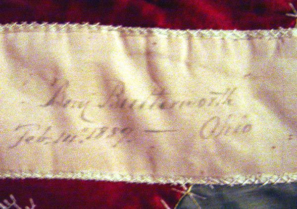 Crazy quilt with velvet boarder, mostly silk fabric in the pattern. Signatures include, Rutherford B. Hayes, Mrs. James K. Polk, John Wanamaker, Julia D. Grant, W. T. Sherman / general, Benj. Butterworth / Ohio, Agnes Author McElroy, Grover Cleveland, Frances Cleveland, T. DeWitt Talmage, and John J. Ingalls.