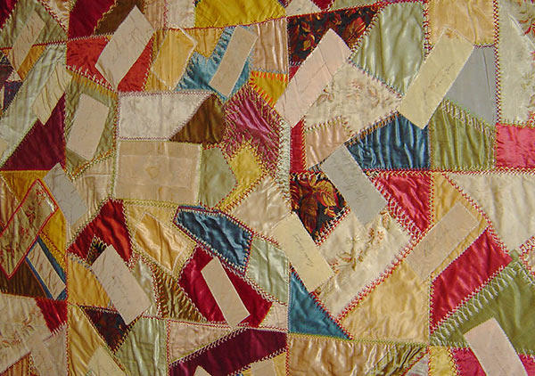 Crazy quilt with velvet boarder, mostly silk fabric in the pattern. Signatures include, Rutherford B. Hayes, Mrs. James K. Polk, John Wanamaker, Julia D. Grant, W. T. Sherman / general, Benj. Butterworth / Ohio, Agnes Author McElroy, Grover Cleveland, Frances Cleveland, T. DeWitt Talmage, and John J. Ingalls.