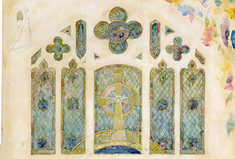 Image of hand drawn stained glass window, colored with watercolors. The window depicts a cross in the middle, with a diamond pattern spanning the windows. The windows are blue with yellow accents.