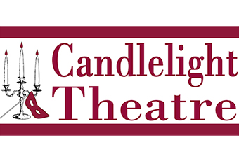 Candlelight Theatre Logo, depicts a lit candelabra with an opera style mask leaning against its base.