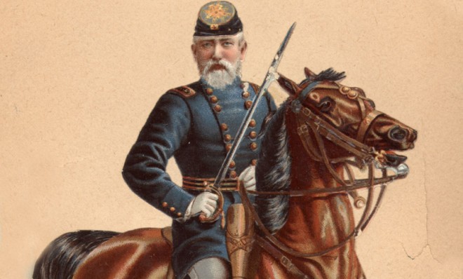 Painting of Benjamin Harrison during his service in the civil war, adorned with union colors and his signature beard. He is gripping a sword and on horseback. Pictured in front of a beige background.
