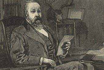 Etching image of Harrison reading the paper. Pictured behind him is his music box with a deer skull resting on its same table.