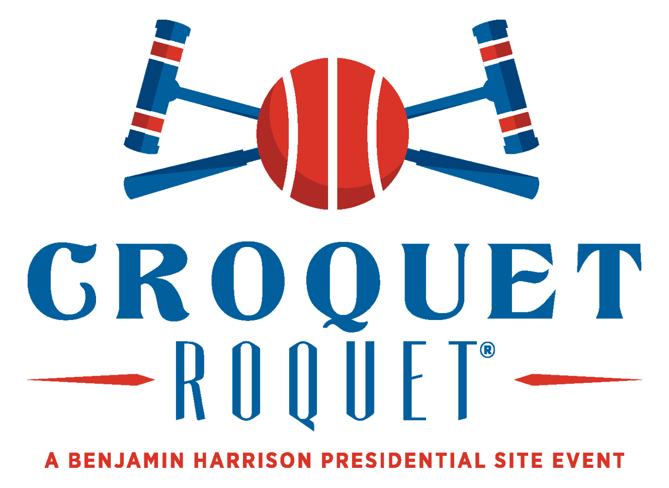 Logo for Croquet Roquet, a Benjamin Harrison presidential site event. The logo depicts two croquet mallets crossing each other, with a ball covering where the mallets overlap.