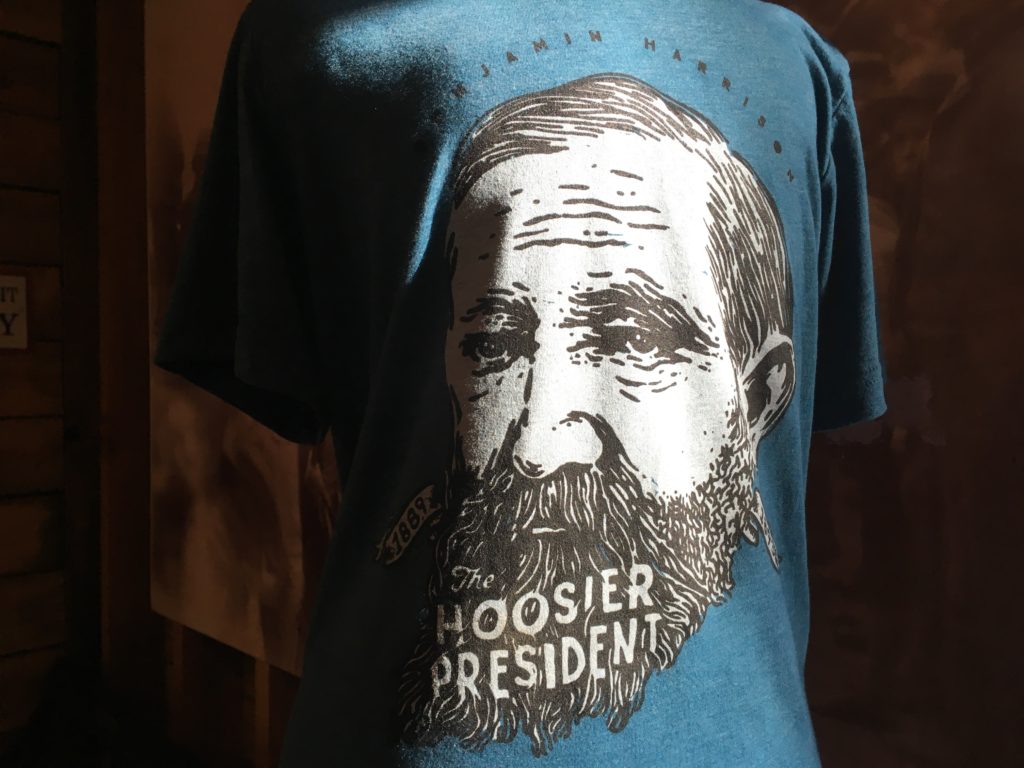 Blue-green shirt with sketch of Benjamin Harrison