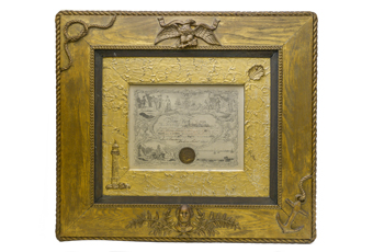 Framed Certificate New York Marine Society in wooden frame. Embellishments on frame: eagle at top center, rope knot in upper left corner, anchor and rope in lower right corner, bust of George Washington with leaf and berry design around Washington. Inner frame wooded frame is gold leaf and a shell in upper right and lighthouse on lower left. The outside edge of the frame is rope painted and linked chain design on inner part of outer frame. 9