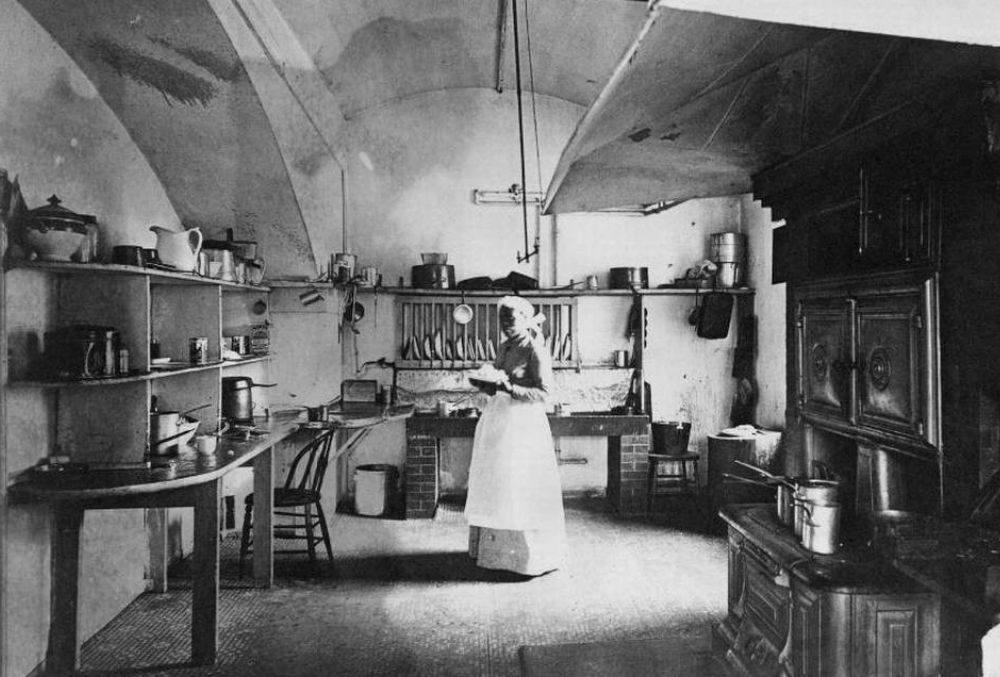 photo of laura dolly johnson taken by frances johnston, in a dimly lit kitchen. Laura stands in the center of the kitchen, wearing a dress.
