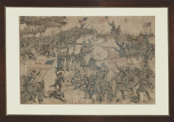 Framed pen and ink drawing of the Civil War battle of Resaca, GA., May 15, 1864, by G. H. Blakeslee ( 129th Illinois Company G ). Black ink and hand colored in red, blue, black, and yellow. Bottom center 