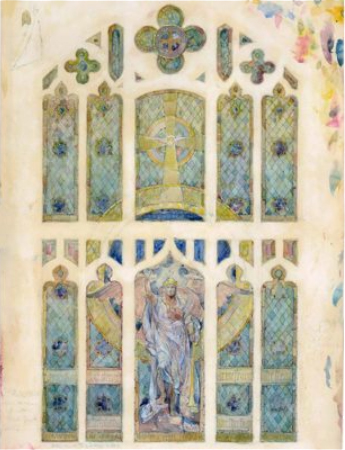 Watercolor Illustration of a window from the first presbyterian church. this window frame is split into 5 distinct sections vertically, and two sections horizontally, making a total of 10 large windows accompanied by smaller windows as accents. The window is mosly blue with yellow accents. Most of the frames are in a rectangular shape with a curved, gradually pointed top. There is a diamon pattern in the background, with imagery of a cross and a crowned angel in flowing white robes, standing with his arms at his sides, with one leg propped on a step.
